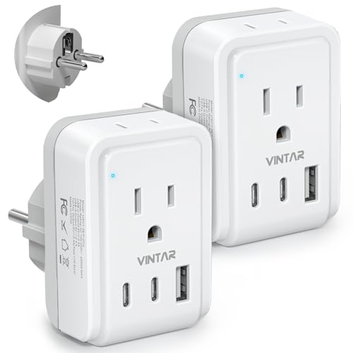 VINTAR Type E F Plug Adapter, 2 Pack Power Adapter for France Germany | 5 in 1 with 2 AC 3 USB, Dual USB C Fast Charge, South Korea Outlet Adapter for US to Europe EU Spain Greece, Compact Size - style: Type E/F - Germany France