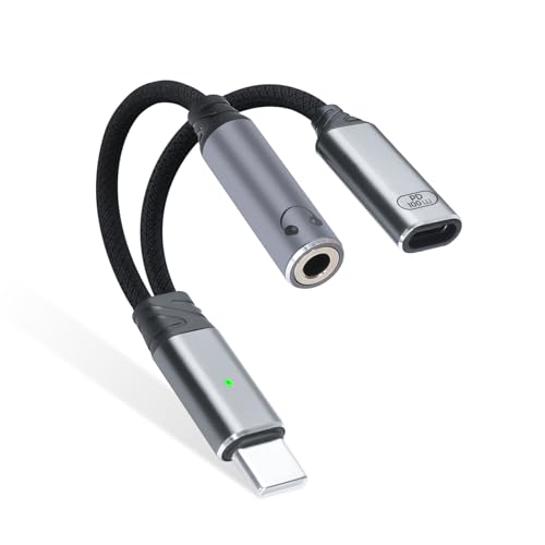 1-to-2 USB-C to 3.5mm headphone/USB-C PD100W charger adapter. (Gray) - color: Grey