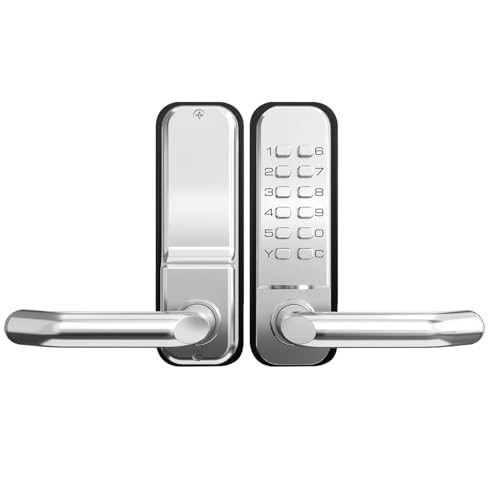High-Security 12 Digit Keypad Mechanical Door Lock - Keyless Entry, Code Combination Lock with Handle, Waterproof & Rustproof, No Battery, Easy to Install, BH-MDLS0020102 - color: Satin Chrome - Round