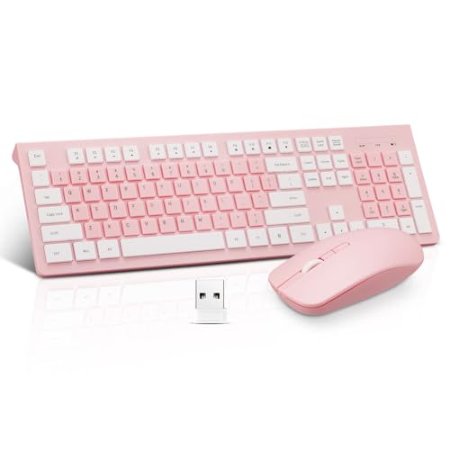 Wireless Silent Keyboard and Mouse Combo, Ultra-Slim Sleek Design Full-Sized Wireless Keyboard and Adjustable DPI Mouse, 2.4GHz USB Receiver for PC, Windows, MAC, Desktop, Laptop (Pink)