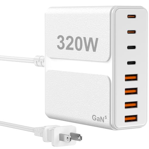 320W USB C Charger Block, 8-Port USB C Charging Station PD 65W PC Laptop Fast Charger Adapter for MacBookPro/Air,DELL,iPad,Portable Charging Station for iPhone,Samsung Galaxy (White) - color: White