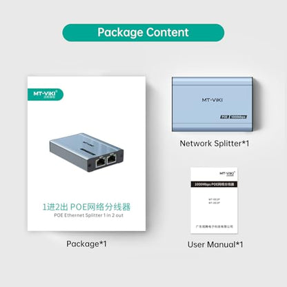 MT-VIKI Upgraded 1 to 2 1000Mbps Ethernet Splitter, No Power Supply Required, Dual RJ45 Splitter for Cat5e/6/7/8 Cable, Works with POE IP Camera, POE Switch and More - size: 1 to 2 POE