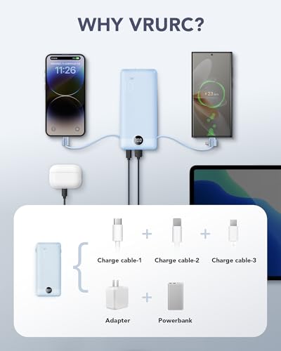 VRURC Portable Charger, Power Bank Built-in Cables and AC Wall Plug | USB C Power Bank 10000mAh, Travel Essentials Phone Charger Compact External Battery Pack For Smart Phones, Tablets etc-Blue - color: Blue