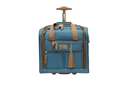 Steve Madden Designer 15 Inch Carry on Suitcase- Small Weekender Overnight Business Travel Luggage- Lightweight 2- Rolling Spinner Wheels Under Seat Bag for Women (Harlo Teal Blue) - color: Harlo Teal Blue