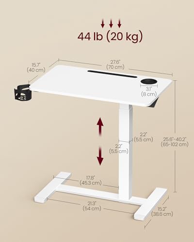VASAGLE Overbed Table with Wheels, Mobile Standing Computer Desk, 27.6 x 15.7 Inches Tabletop, Adjustable Height, 2 Cup Holders, Phone and Tablet Slot, Cloud White ULSD600W01 - size: 27.6"W x 15.7"D
