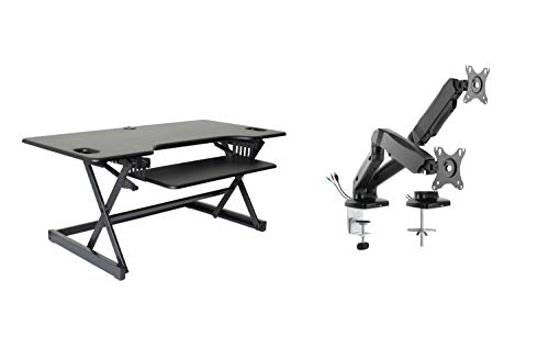 Rocelco 46" Large Height Adjustable Standing Desk Converter with Dual Monitor Mount Arm BUNDLE - Quick Sit Stand Up Computer Workstation Riser - Retractable Keyboard Tray - Black (R DADRB-46-MA2) - color: Black, size: 46", style: Riser+Premium Dual Mount