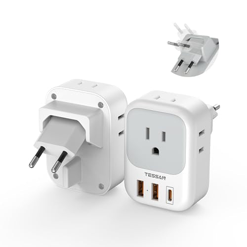 TESSAN European Travel Plug Adapter 2 Pack, Type C Foldable Plug | 4 Outlets, 3 USB(1 USB C PD 20W), US to Spain France Italy Germany Denmark Iceland European, Travel Must Haves - color: White grey-Foldable Type C