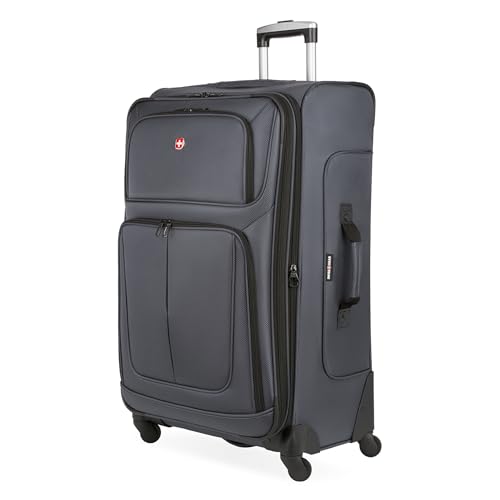 SWISSGEAR Sion Softside Expandable Spinner Luggage Durable Lightweight Travel Suitcase, Dark Grey, Checked-Large - color: Dark Grey, size: Checked-Large