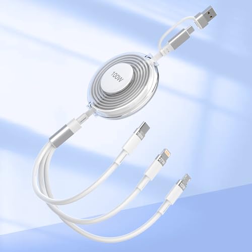 100W USB C to Multi Charging Cable, iPhone 15 Retractable Car Charger with Type C 100W+IP 27W+Micro USB 10W Multi Phone Charger for iPhone 15 14 13 12/Samsung S24 S23/iPad/MacBook/Tablet 4FT White