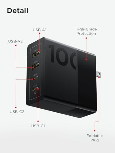 Lenovo 100W USB C Charger, 4-Port Multi-Device Fast Charging, Black GaN Power Block with 240W Cable, for Thinkpad, MacBook, Dell XPS, iPhone, Samsung - size: 4 Port - 100 W