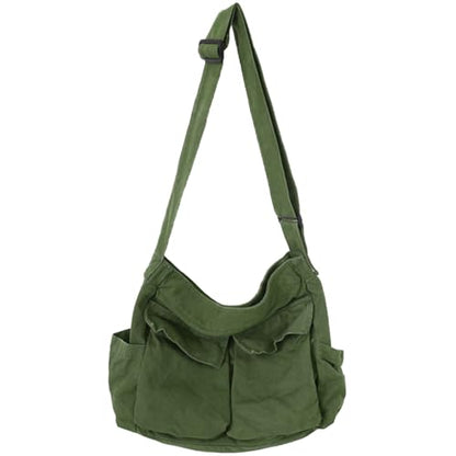 Canvas Messenger Bag Large Crossbody Bag with Multiple Pockets Canvas Shoulder Tote Bag for Women and Men - color: Army Green