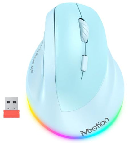 MEETION Ergonomic Wireless Vertical Mouse, Rechargeable, Blue | Bluetooth 5.2 + 3.0 and USB connectivity, RGB backlight, 4 DPI adjustment, compatible with Windows, Mac, Android, PC and iPad - color: Right Blue