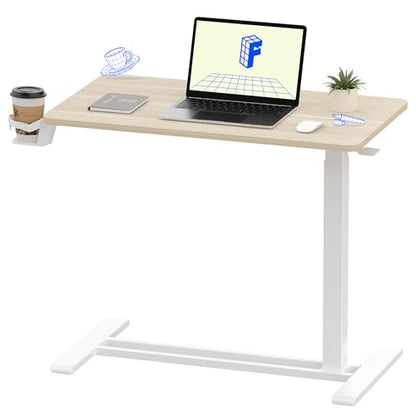 FLEXISPOT H7 Adjustable Overbed Bedside Table with Wheels Pneumatic Mobile Standing Desk Laptop Desk Rolling Computer Cart Movable Overbed Table Hospital Home Use(31.5" W x 17.7" D, White Wood Grain) - color: White Wood Grain, size: Large