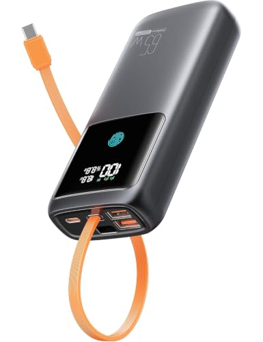 Portable Laptop Charger 24000mAh 65W w/USB C Built-in Cable Black | 65W Fast charging, LED display, Charge 4 devices at once, Pass through, TSA approved, Compatible with Macbook/Notebook/iPhone - color: Black