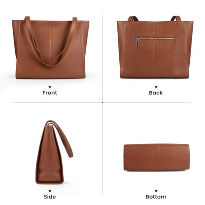 befen Genuine Leather Tote Bag for Women Work Travel Leather Purse Handbags | Real Leather, Padded 14" Laptop Compartment, Multi-Pockets, Zipper, Tote Bag for Daily - color: Cognac Brown 02