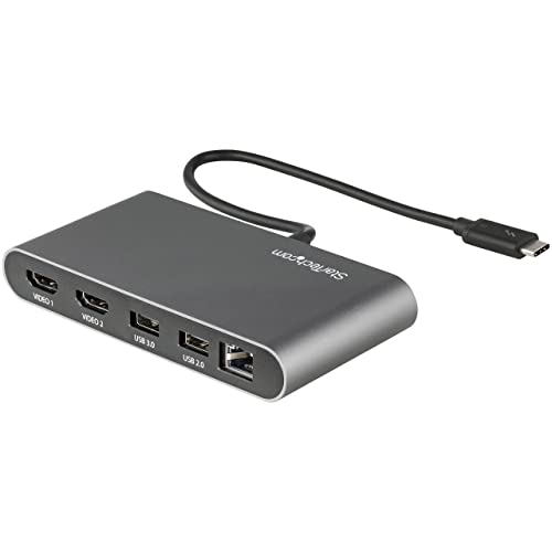 StarTech Driverless Thunderbolt 3 Dual 4K 60Hz HDMI Mini Dock with GbE | Plug-and-play, Gigabit Ethernet, 1x USB 5Gbps, 1x USB 2.0, Enterprise-tested, macOS Ubuntu, Large-scale rollout - style: 2x HDMI + USB & Ethernet