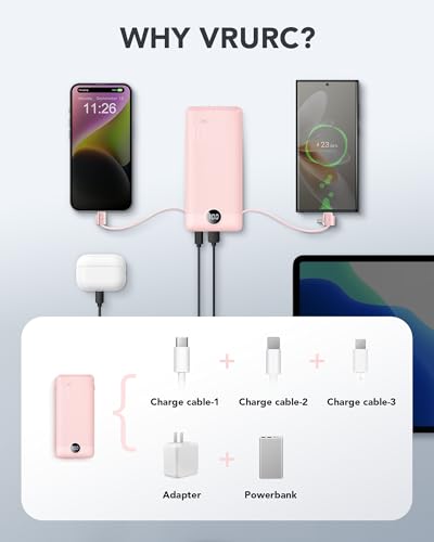 VRURC Portable Charger, Power Bank Built-in Cables and AC Wall Plug | USB C Power Bank 10000mAh Travel Essentials Phone Charger Compact External Battery Pack For Smart Phones, Tablets etc-Pink - color: Pink