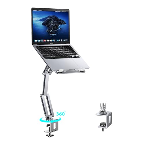 Laptop Stand Desk Mount, Aluminum Adjustable Laptop Arm with Tray | 360° Rotatable Ergonomic Computer Holder for 11-15 Inch Laptops & Tablets, Relieve Neck Strain for Sitting & Standing Work - color: Silver