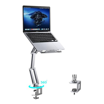 Laptop Stand Desk Mount, Aluminum Adjustable Laptop Arm with Tray | 360° Rotatable Ergonomic Computer Holder for 11-15 Inch Laptops & Tablets, Relieve Neck Strain for Sitting & Standing Work - color: Silver