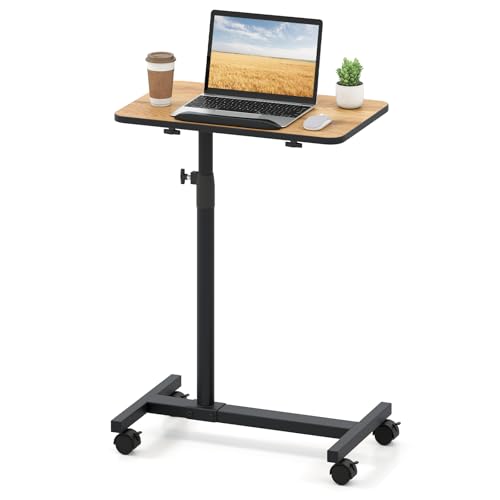 GIANTEX Overbed Table with Wheel, Medical Adjustable Bedside Table Natural | Mobile Standing Desk, Portable Laptop Table for Small Spaces, Bed Trays Table for Eating Home and Hospital - color: Natural