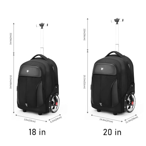 WMHYLYH Rolling Backpack with Wheels, Waterproof Backpack with Large Wheels for Business and Travel Commuter, Carry on Backpack with Laptop Compartment for Women and Men Adult (Black, 20inch) - color: Black, size: 20 inches