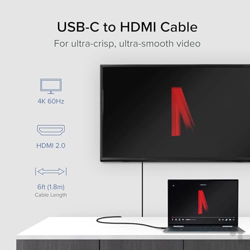 Plugable USB C to HDMI Cable 6ft / 1.8m, HDMI 2.0, USB4 / Thunderbolt Adapter for 4K Monitor, 4K 60Hz (USBC-HDMI-Cable) for iPhone 15, iPad Pro, MacBook Pro, Dell XPS, Surface Laptop - Driverless