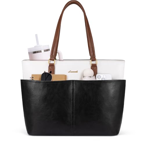 LOVEVOOK Work Tote Bag for Women, Vintage Leather 17.3 Inch Laptop Bags with Large Cup Holder, Teacher Nurse Medical Professional Computer Bag, Office Briefcase Handbag Gift - color: Beige-black-brown, size: 17.3 Inch
