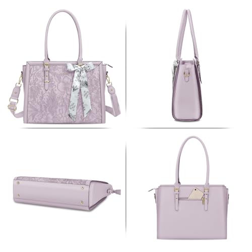 MOSISO Laptop Bag for Women, 15.6-16 inch PU Leather Tote Bag | Compatible with MacBook, HP,Dell,Asus, Front Embossed Retro Hibiscus Computer Bags with Silk Scarf&Clutch Purse, Dusty Lilac - color: Dusty Lilac, size: 16 inch