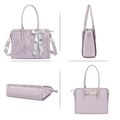 MOSISO Laptop Bag for Women, 17-17.3 inch PU Leather Tote Bag | Compatible with MacBook, HP,Dell, Front Embossed Retro Hibiscus Computer Bags with Silk Scarf&Clutch Purse, Dusty Lilac - color: Dusty Lilac, size: 17.3 inch