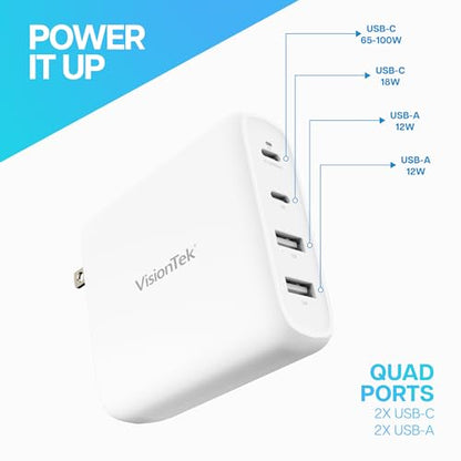 VisionTek 100W 4-Port USB-C Wall Charger, GaN Fast Charge, Foldable Plug | USB-C/USB-A PD Safe Fast Charging, GaN, Compact & Foldable Design, Travel Adapter, Universal Power Laptops, Tablets, Phones