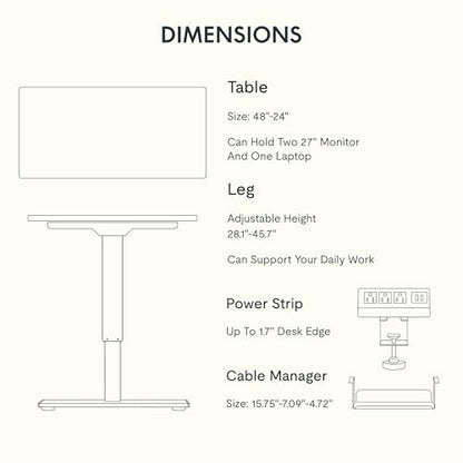 FLEXISPOT EN2 48"x24" Whole-Piece Standing Desk with Power Strip, White | Whole-Piece Desktop, Easy-Access Clamp Power Strip, Organized Cable Management, Modern Home Office Setup - color: White Top + White Frame, size: 48x24"