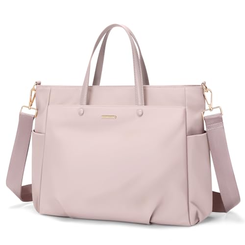 15 Inch Laptop Tote Bag for Women, Lightweight Nylon Work Shoulder Bag, Water-Resistant Computer Handbag with Pockets for Business Travel & Commute (Pinkish Grey) - color: Pinkish Grey, size: 15 Inch