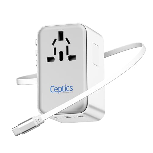 Ceptics 5 in 1 International Travel Adapter with PD 45W Retractable USB-C Cable 65cm, 2X USB-A 2.4A, 1x USB-C 3A, Travel Adapter Worldwide for Laptop, Phones and Cameras for US, EU, UK, UP-45WC-WH - color: White/Silver