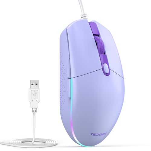 TECKNET Wired Mouse - USB Corded Mouse with RGB Backlit Full Size Optical Silent Mouse with Side Buttons,LED Plug and Play Wired Connection Office Mice for Desktop,PC,Laptop - color: Purple