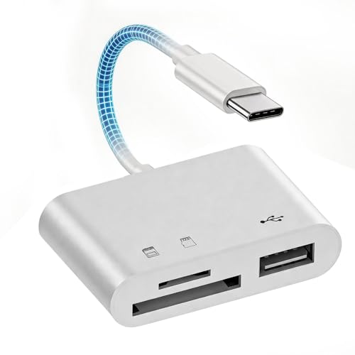 USB‑C 3‑in‑1 USB 3.0 SD/Micro SD TF Card Reader with Dual Slots & USB‑A Port, High Speed Memory Card Adapter for iPhone 15/16/17 Pro Max, iPad, Mac MacBook Pro/Air, Android Type‑C Laptops