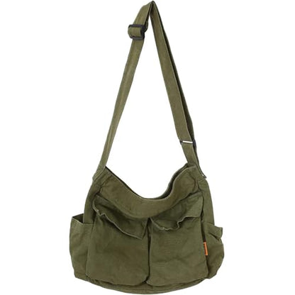 Canvas Messenger Bag Large Hobo Crossbody Bag with Multiple Pockets Casual Shoulder Tote Bag for Women and Men - color: Green 1