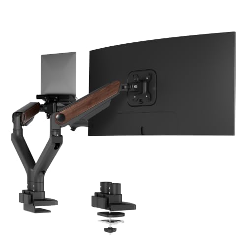 FlexiSpot Laptop Mount, Dual Monitor Arm with Laptop Tray, Fits Up to 49 Inch Monitor and 17.3 Inch Notebook, Full Adjustable Gas Spring Holds up to 44lbs per Arm for Office & Home, Wood Grain - color: Wood Grain, size: Max 44 lbs per arm