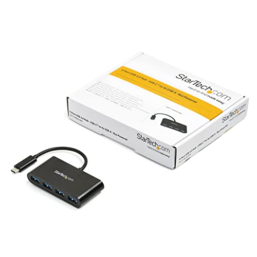 StarTech 4-Port USB-C Hub 5Gbps with 4x USB-A, USB Powered (HB30C4AB) | Portable USB 3.0 port expander, Built-in USB-C cable, Thunderbolt 3 data compatible, Driverless, No external power - color: Black, style: Standard