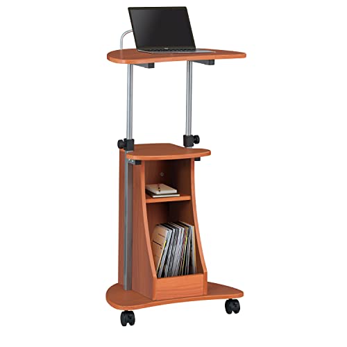 Adjustable Height Laptop Cart With Storage. Color: Woodgrain | Adjustable height rolling laptop cart with storage drawer, open shelf, wheels, sit‑stand design for office or medical use - color: Woodgrain