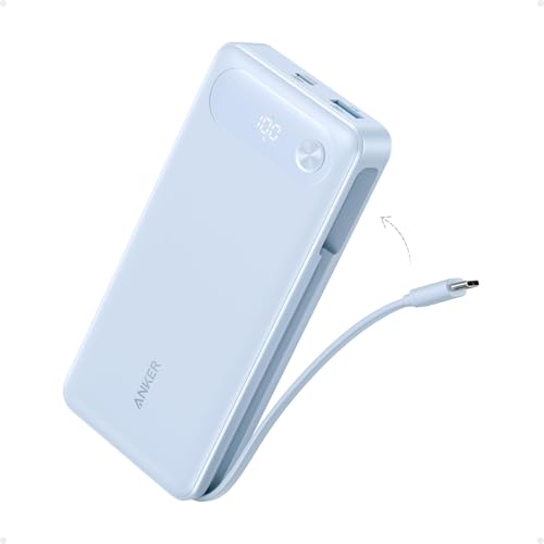 Anker Power Bank, 20,000mAh Travel Essential Portable Charger with Built-in USB-C Cable, 3-Port 87W Max Fast Charging Battery Pack, for MacBook, iPhone 16/15 Series, Samsung, Switch, and More - color: Violet