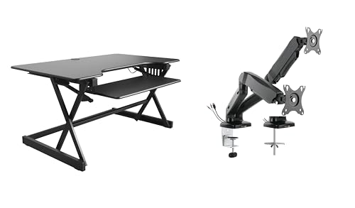Rocelco 40" Height Adjustable Standing Desk Converter with AC Outlet USB Charger and Dual Monitor Arm Mount - Sit Stand Up Tabletop Riser - Sliding Keyboard Tray - Black (R DADRB-40-ACUSB-MA2) - color: Black Acusb, size: 40", style: Riser+Premium Dual Mou