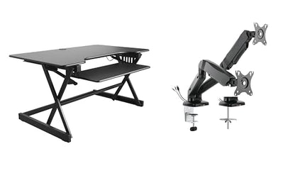 Rocelco 40" Height Adjustable Standing Desk Converter with AC Outlet USB Charger and Dual Monitor Arm Mount - Sit Stand Up Tabletop Riser - Sliding Keyboard Tray - Black (R DADRB-40-ACUSB-MA2) - color: Black Acusb, size: 40", style: Riser+Premium Dual Mou