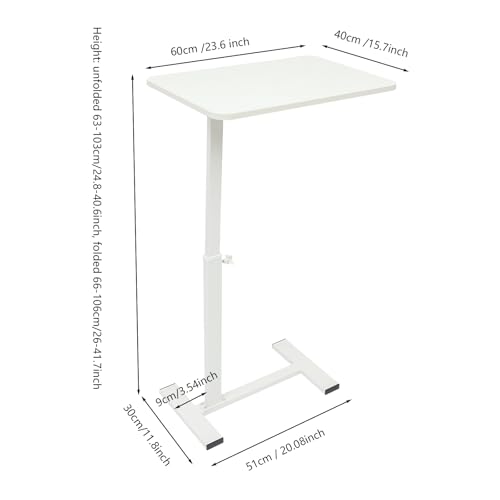 Overbed Table with Hidden Wheels, Bedside Table with Height Adjustable, H-Shaped Base, White Modern Rolling Table Tray & Laptop Cart for Laptop, Reading & Dining