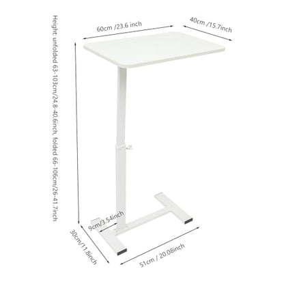 Overbed Table with Hidden Wheels, Bedside Table with Height Adjustable, H-Shaped Base, White Modern Rolling Table Tray & Laptop Cart for Laptop, Reading & Dining