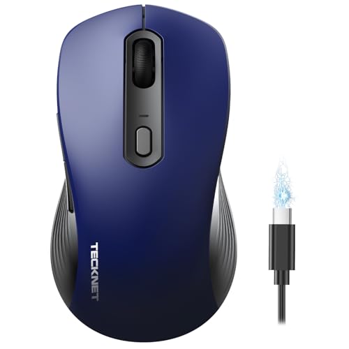 TECKNET Rechargeable Bluetooth Mouse, [ USB + BT5.0 + BT3.0 ] Wireless Mouse, Ergonomic Design, Silent Click, 6-Level 4800 DPI Wireless Mice, 3-Device Switching for Laptop, Computer, MacBook（Blue） - color: Blue