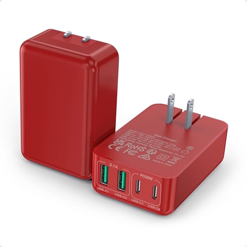 [2-Pack] Flat USB C Wall Charger,40W Fast USB C Charger Block,4-Port PD Power Adapter +QC Wall Plug Multiport Type C Charging Block Cube Compatible with iPhone 17 16 15 14 13 12 Pro Max XR XS 8 7(Red) - color: Red