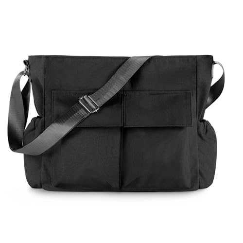 Canvas Messenger Bag Crossbody Shoulder Bag for Men Women Vintage Tote Laptop Bag Large Hobo Bag with Multiple Pockets - color: Black