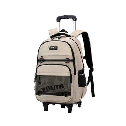 EKUIZAI Kids Rolling Wheeled Backpack for Boys Girls Roller Middle School Backpack with Wheels Rolling Bookbag Trolley Bag for Kids，2 Wheels Khaki - color: 2-wheel Khaki, style: 2 Wheels