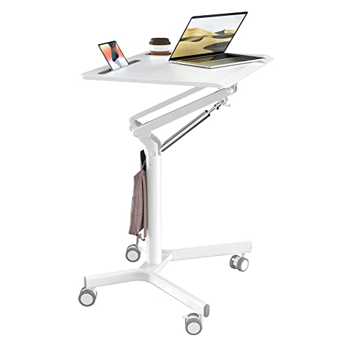 JOY worker Mobile Standing Desk, 28" White Rolling Laptop Desk with Wheels | Small Portable Sit-Stand Workstation Height Adjustable, Slim Ergonomic Teacher Stand Up Desk with Cup Holder for Home Office - color: White