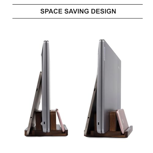 S&A WOODCRAFT 3 Slots Acacia Wood Vertical Laptop Stand, Adjustable Wooden Laptop Holder, Non-Slip Laptop Dock Compatible with Apple MacBook, Microsoft Surface, Gaming Laptops, IPad, Tablets - color: Brown Acacia, size: 3 Slots
